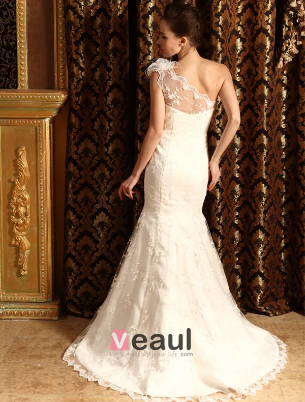 2015 Trumpet /Mermaid One Shoulder Lace Beach Wedding Dress