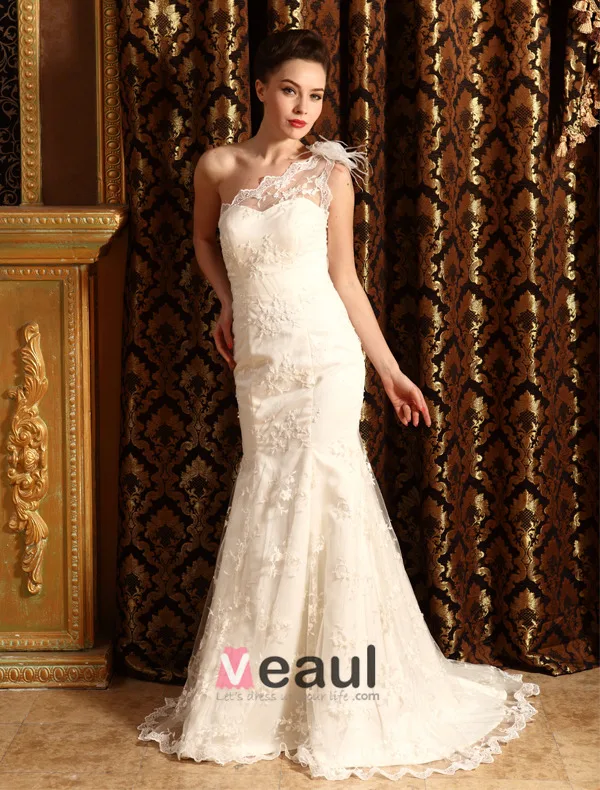 2015 Trumpet /Mermaid One Shoulder Lace Beach Wedding Dress