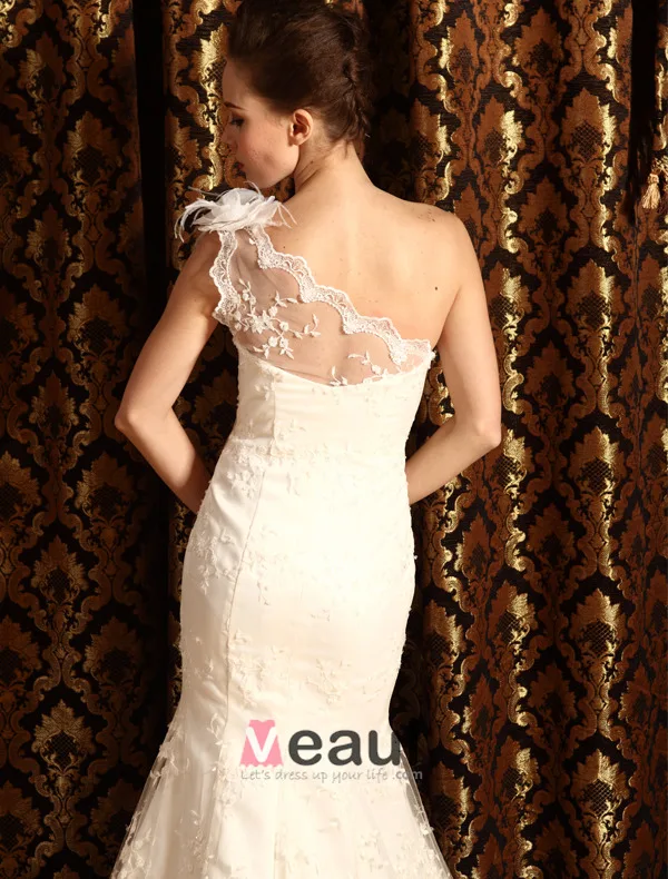 2015 Trumpet /Mermaid One Shoulder Lace Beach Wedding Dress