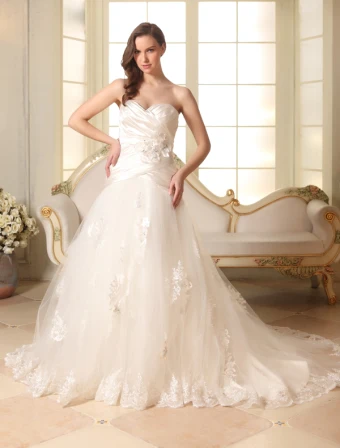 Vestido De Novia De Tul Apliques Rebordear Novia Del Cordón Del Satén 2015 Línea A