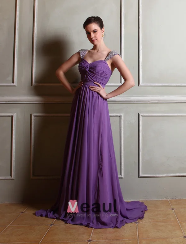 Épaules Empire Volants Guillotine Balayage Robe De Soirée En Mousseline De Soie Train