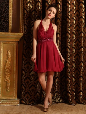 Halter Perles Ceinture Robe Bordeaux En Mousseline De Cocktail