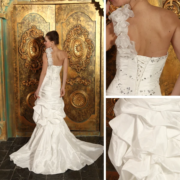 Short & Mini One Shoulder Beading Ruffles Organza Satin Wedding Dress