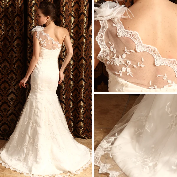 2015 Trumpet /Mermaid One Shoulder Lace Beach Wedding Dress