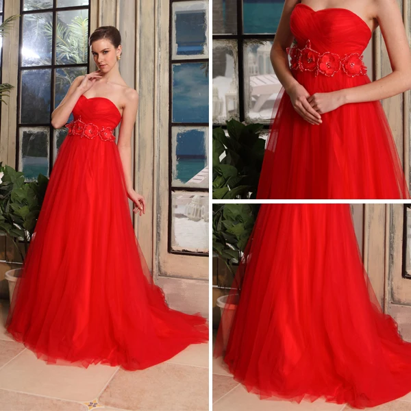2015 Empire Sweetheart Flower Sash Pregnant Tulle Red Wedding Dress