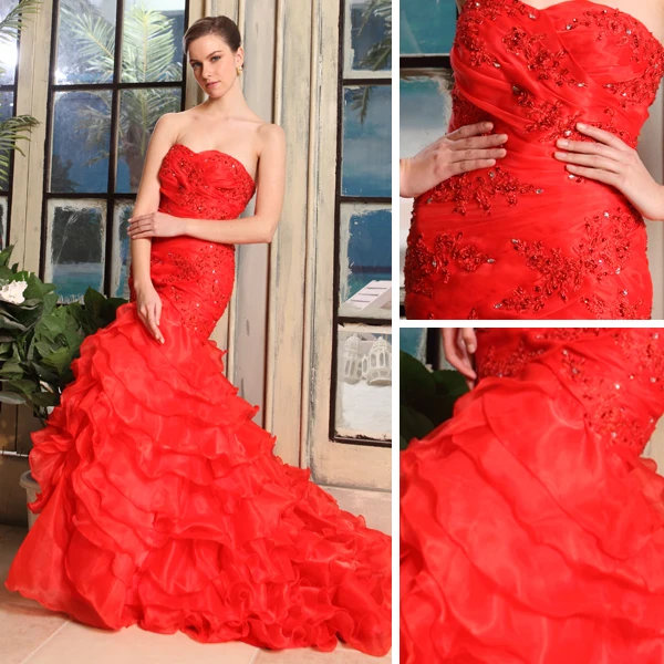 2015 Mermaid Sweetheart Sweep Train Organza Satin Wedding Dress With Cascading Ruffles
