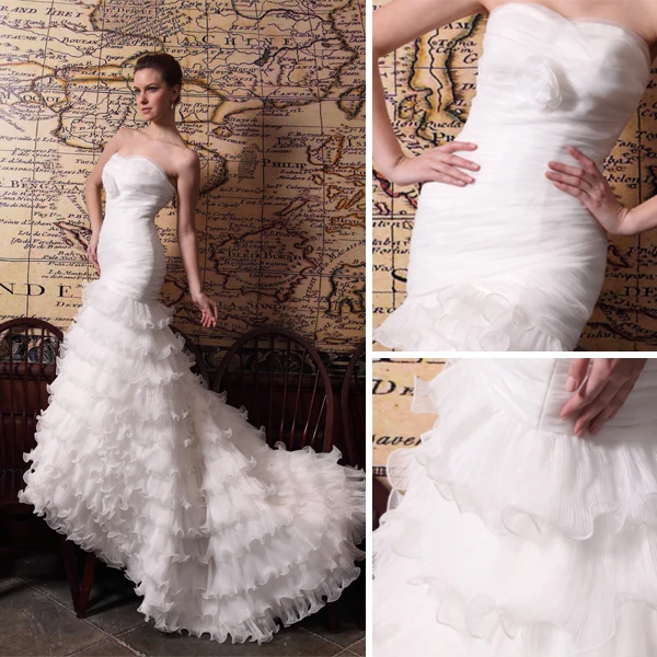 2015 Trumpet /Mermaid Chapel Train Organza Satin Wedding Dress With Cascading Ruffles