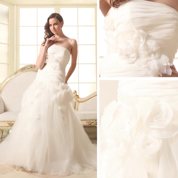 2015 Beautiful A-line Strapless With Handmade Flowers Wedding Dresses Bridal Gown