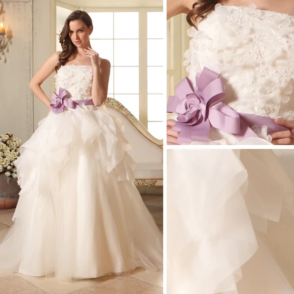 2015 Ball Gown Strapless Beading Petal Flower Sash Organza Wedding Dress