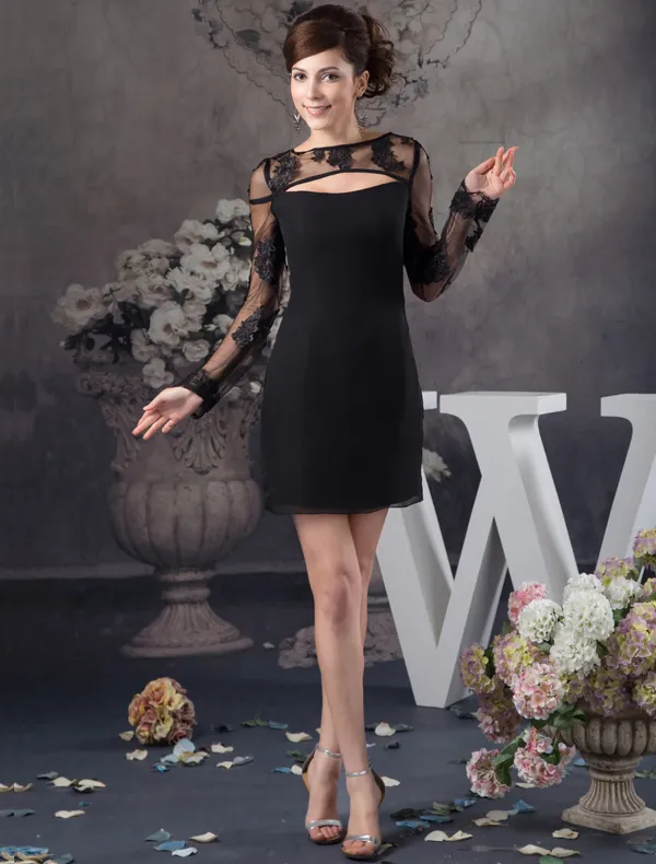 Unique Lace Long Sleeves Black Cocktail Dress Simple Party Dress
