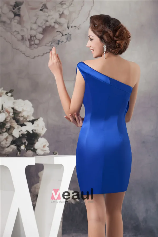 2015 Appealing One Shoulder Pleated Ruffle Crystal Neckline Short Cocktail Dress