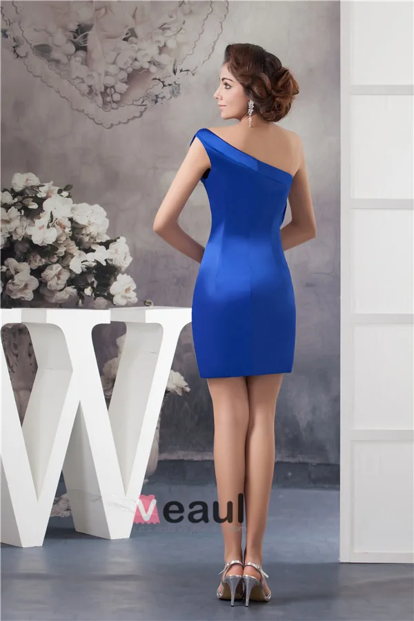 2015 Appealing One Shoulder Pleated Ruffle Crystal Neckline Short Cocktail Dress