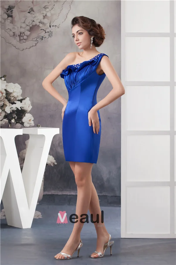 2015 Appealing One Shoulder Pleated Ruffle Crystal Neckline Short Cocktail Dress