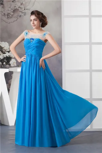 2015 Atractivo Del Imperio Del Amor De Tul Abalorios Escote Plisado Hombro Vestidos De Noche Azul