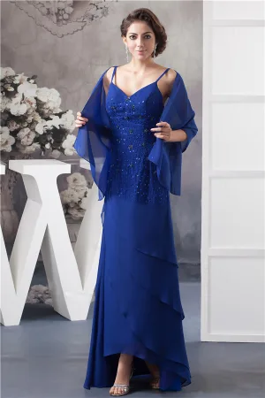 2015 Elegante Una Línea De Correas Espaguetis V Cuello Rebordear Cascada Volantes Vestidos De Madrina Con El Mantón