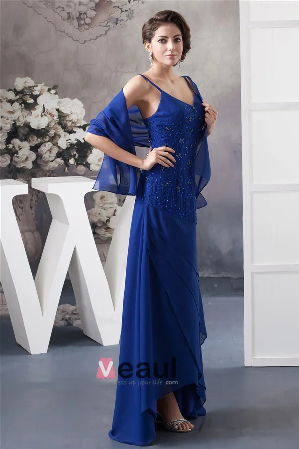 2015 Elegant A-line V Neck Spaghetti Straps Beading Cascading Ruffles Mother Of The Bride Dress With Shawl