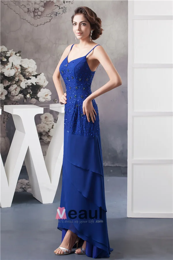 2015 Elegant A-line V Neck Spaghetti Straps Beading Cascading Ruffles Mother Of The Bride Dress With Shawl