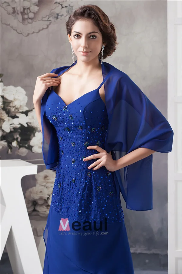 2015 Elegant A-line V Neck Spaghetti Straps Beading Cascading Ruffles Mother Of The Bride Dress With Shawl