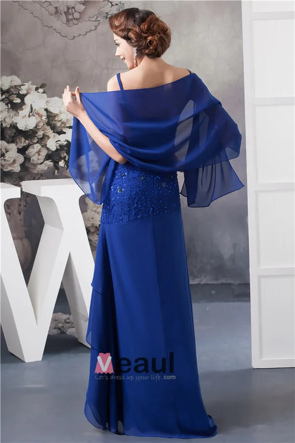 2015 Elegant A-line V Neck Spaghetti Straps Beading Cascading Ruffles Mother Of The Bride Dress With Shawl