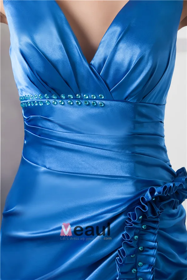 2015 Elegant Empire V Neck Shoulders Ruffles Beading Blue Evening Dress Prom Dress