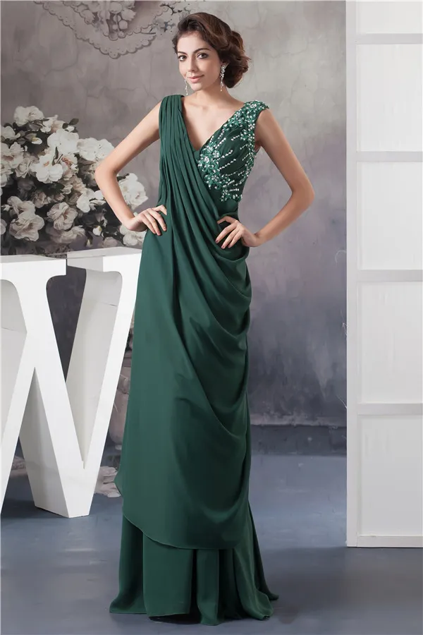 2015 Elegant V-neck Appliques Sequins Ruffles Long Dress Green Mother Of The Bride Dress
