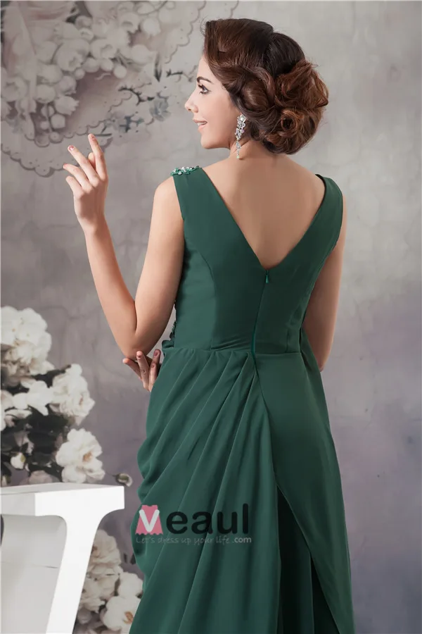 2015 Elegant V-neck Appliques Sequins Ruffles Long Dress Green Mother Of The Bride Dress