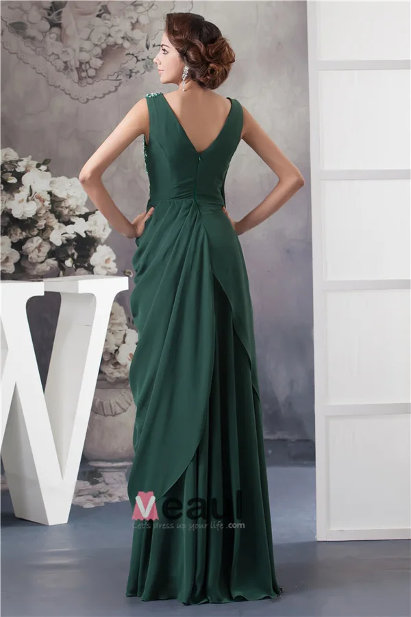 2015 Elegant V-neck Appliques Sequins Ruffles Long Dress Green Mother Of The Bride Dress