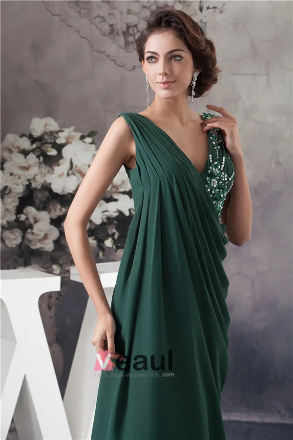 2015 Elegant V-neck Appliques Sequins Ruffles Long Dress Green Mother Of The Bride Dress