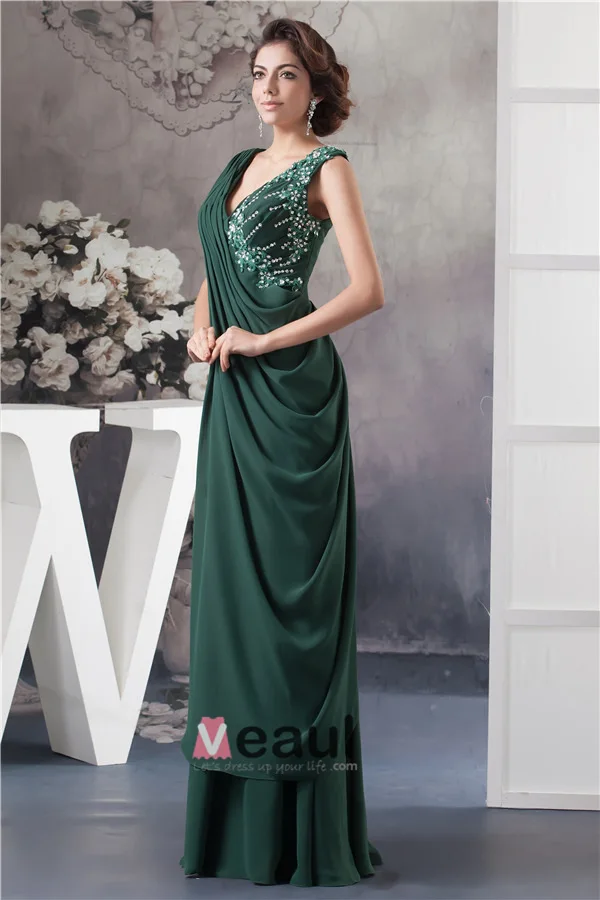 2015 Elegant V-neck Appliques Sequins Ruffles Long Dress Green Mother Of The Bride Dress