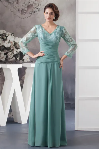Elegant V Neck Lace Sleeves Pleated Long Dress Mother Of The Bride Dresses
