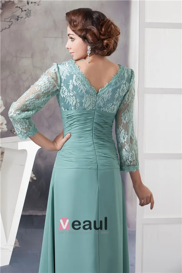 Elegant V Neck Lace Sleeves Pleated Long Dress Mother Of The Bride Dresses
