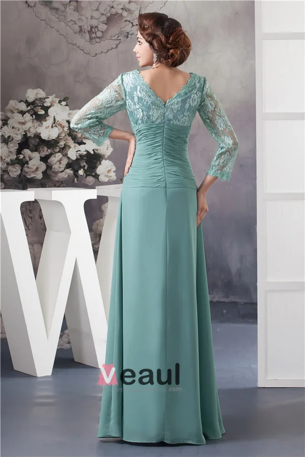Elegant V Neck Lace Sleeves Pleated Long Dress Mother Of The Bride Dresses