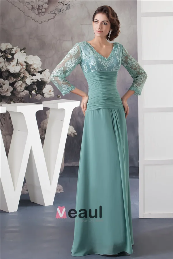 Elegant V Neck Lace Sleeves Pleated Long Dress Mother Of The Bride Dresses