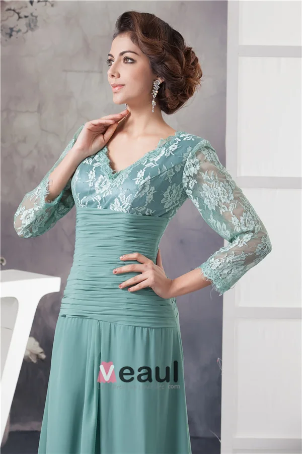 Elegant V Neck Lace Sleeves Pleated Long Dress Mother Of The Bride Dresses