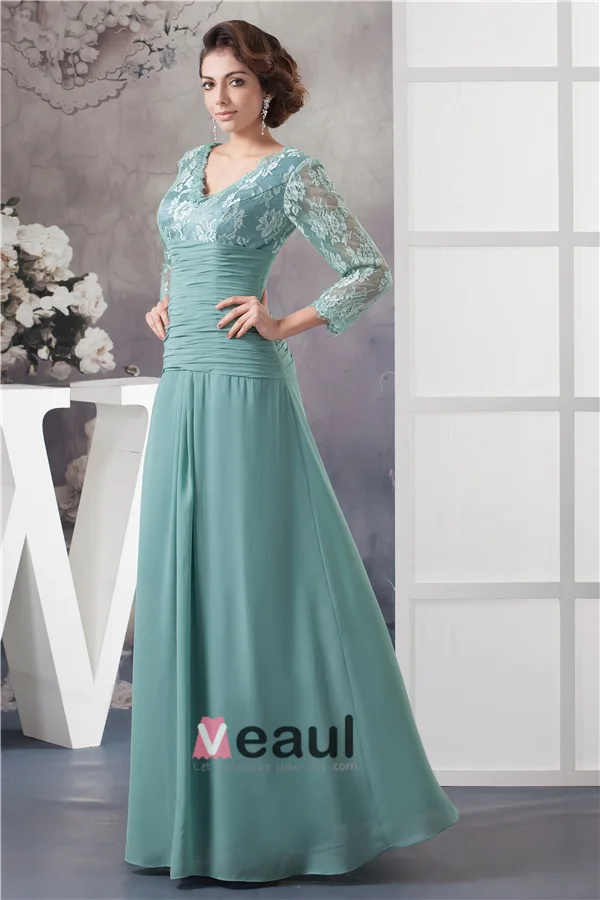 Elegant V Neck Lace Sleeves Pleated Long Dress Mother Of The Bride Dresses