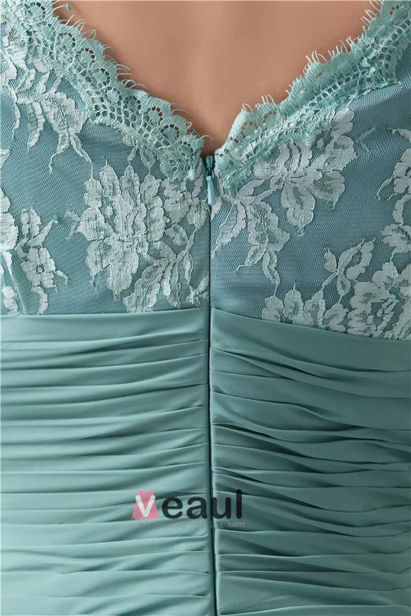 Elegant V Neck Lace Sleeves Pleated Long Dress Mother Of The Bride Dresses