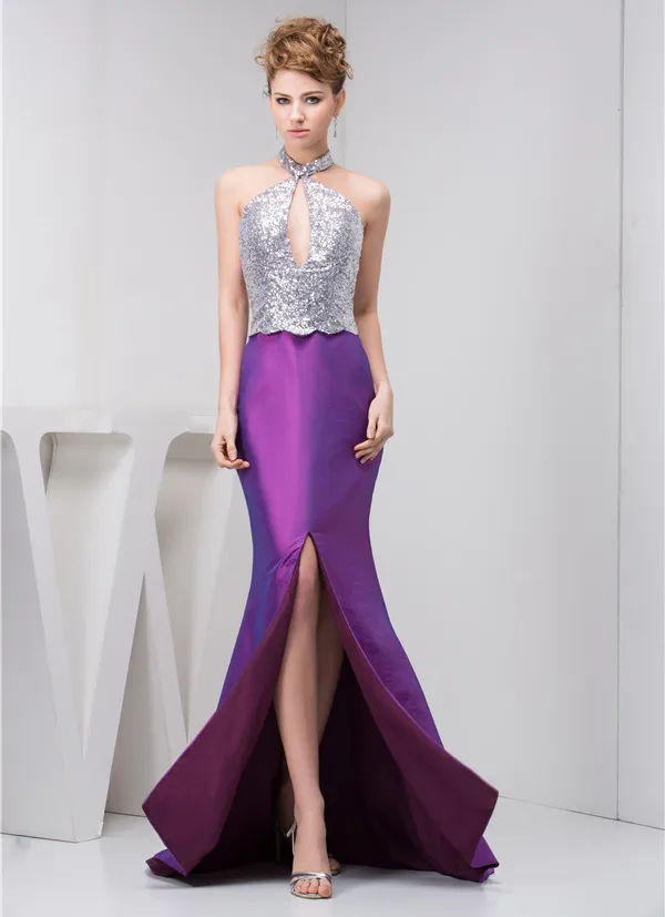 Bling Sheath Halter Sequined Split Front Prom Dress