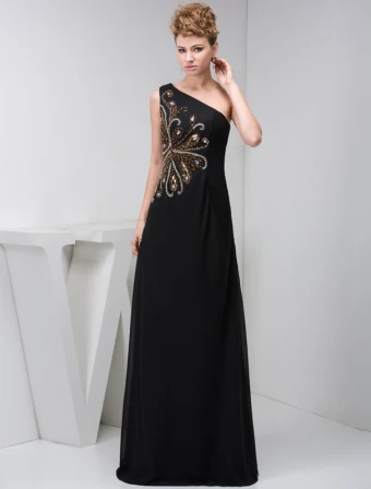 Élégante A Ligne Robe Longue Soirée Une Épaule Perlage Robe De Ceremonie Noire