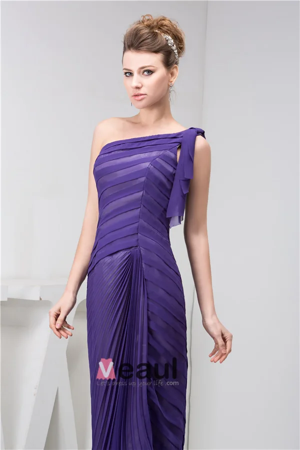 Unique A-line One Shoulder Pleated Long Formal Dress Purple Evening Dress