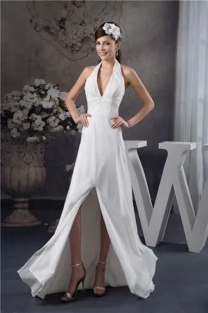 Charmante A Ligne Halter Col V Perles Ceinture Robe Longue Robe De Graduation Blanche