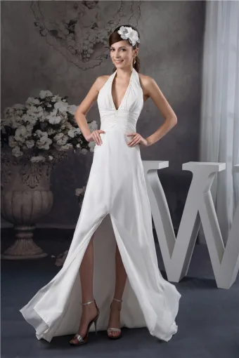 2015 Charming A Line Halter V Neck Beading Sash Long Dress White Graduation Dress Homecoming Dress