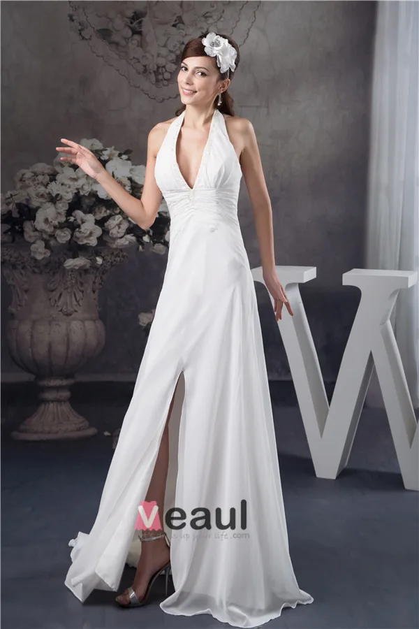 2015 Charming A-line Halter V Neck Beading Sash Long Dress White Graduation Dress Homecoming Dress