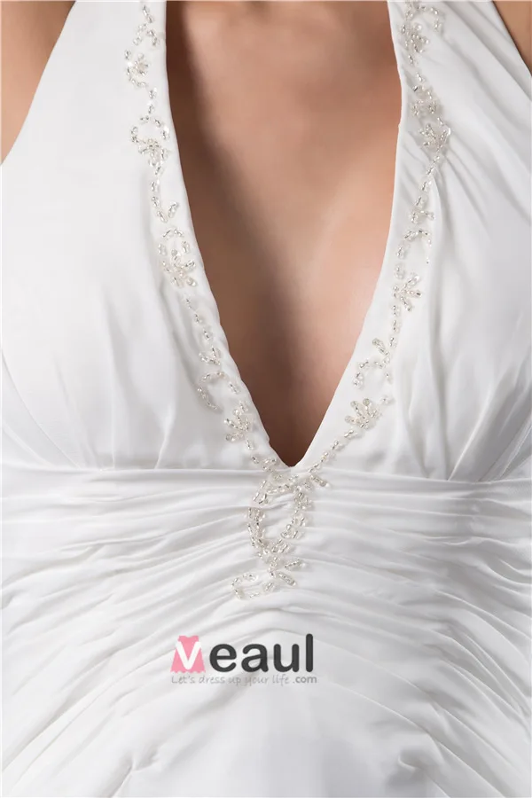 2015 Charming A-line Halter V Neck Beading Sash Long Dress White Graduation Dress Homecoming Dress
