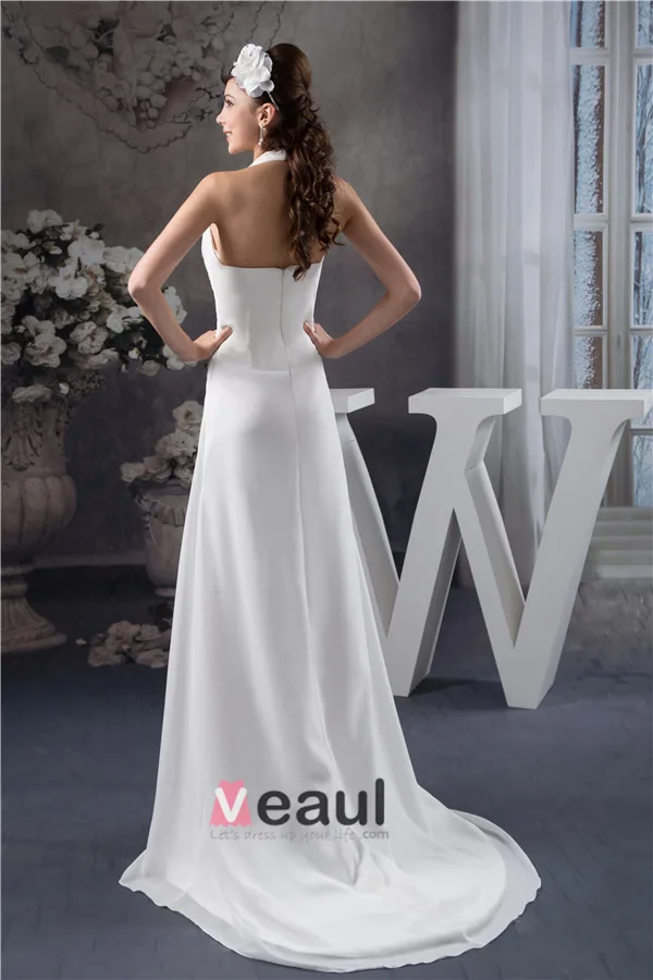 2015 Charming A-line Halter V Neck Beading Sash Long Dress White Graduation Dress Homecoming Dress