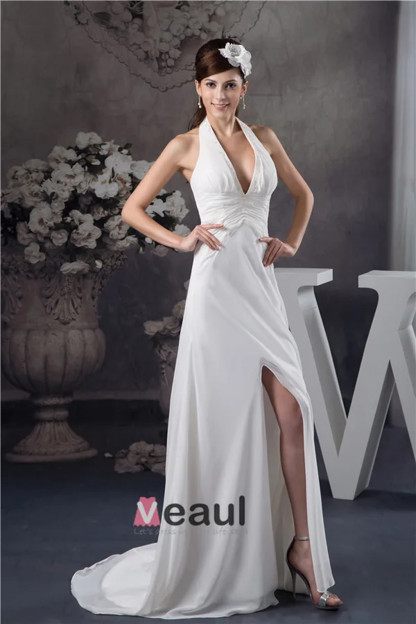 2015 Charming A-line Halter V Neck Beading Sash Long Dress White Graduation Dress Homecoming Dress