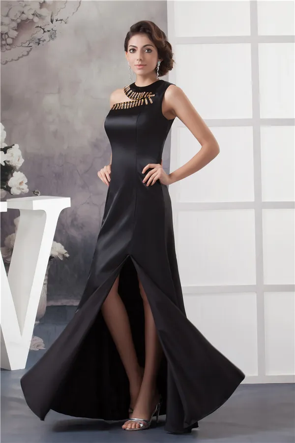 2015 Appealing Unique Crystal Neckline One Shoulder Black Prom Dress