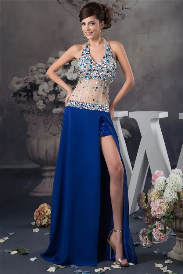 Sexy Bling Halter Crystal Tulle Split Front Prom Dress