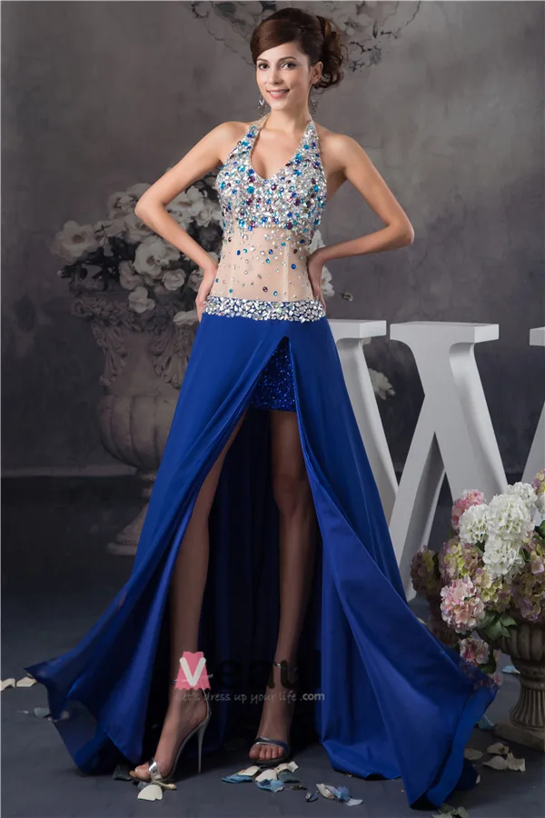 Sexy Bling Halter Crystal Tulle Split Front Prom Dress