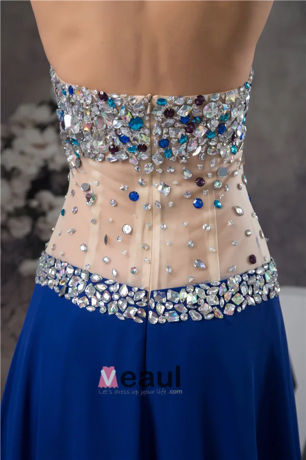 Sexy Bling Halter Crystal Tulle Split Front Prom Dress