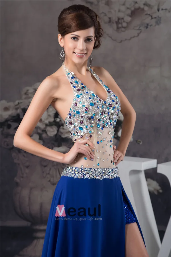 Sexy Bling Halter Crystal Tulle Split Front Prom Dress